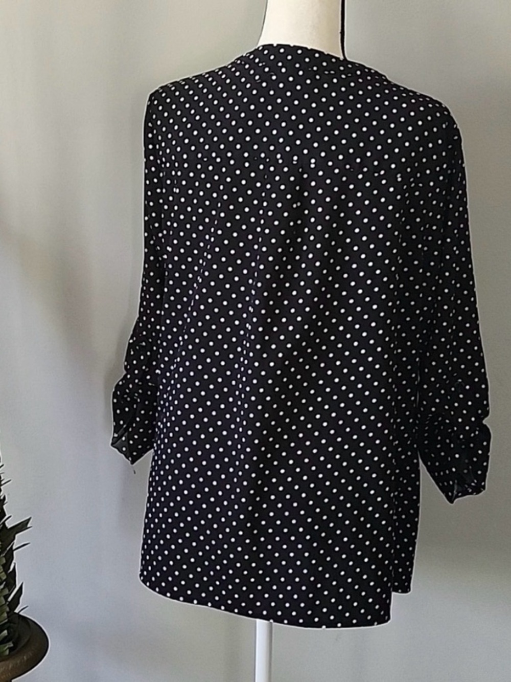 Notations Black and White Polka Dot Blouse with Straight Collar and Long Sleeves - Picture 3 of 13